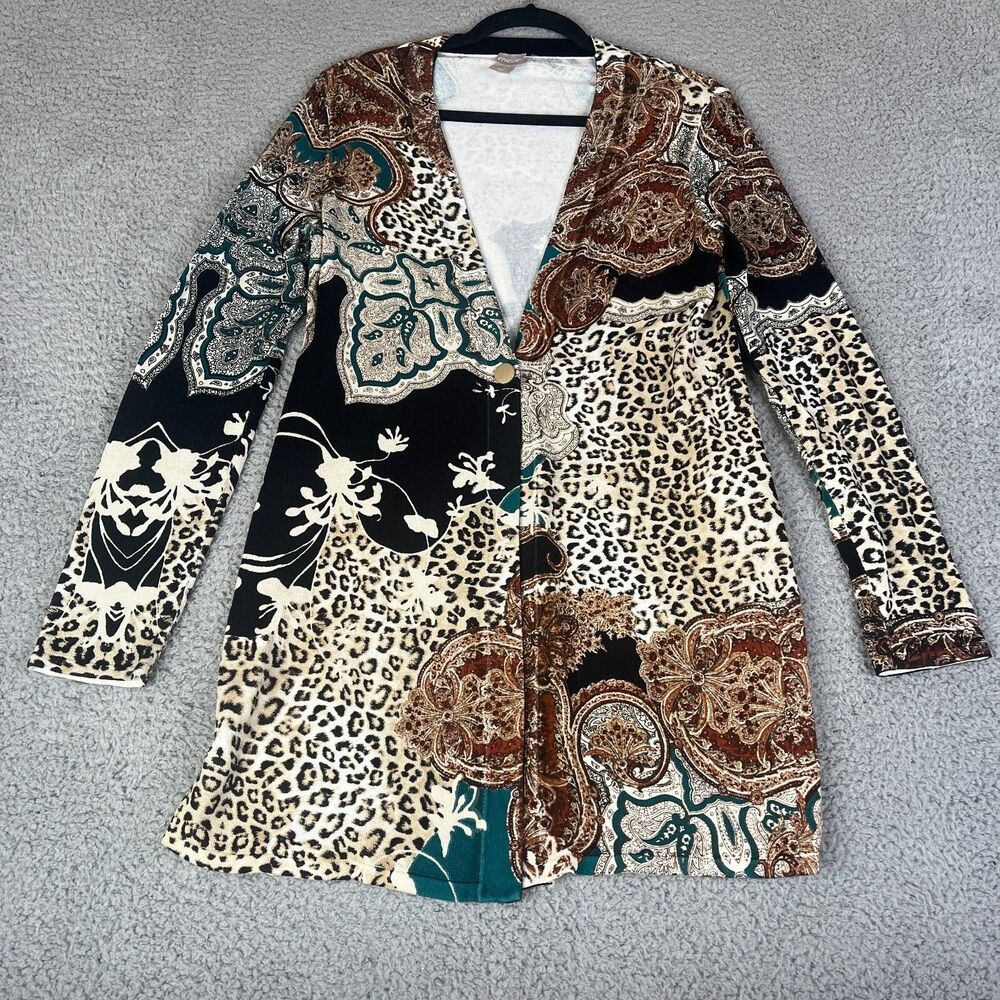 CHICO'S Sweater Womens 0 Brown Black Cheetah Floral One Button Long Ribbed Knit